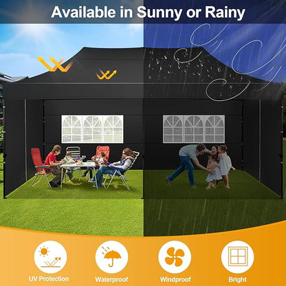 COBIZI 10x20 Pop Up Canopy with 6 Sidewall,Heavy Duty Canopy UPF 50+ All Season Wind Waterproof Commercial Outdoor Wedding Party Tents for Parties Gazebo with Roller Bag(10 x 20 ft Black)