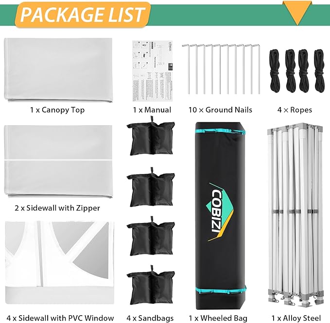 COBIZI 13x26 Pop up Canopy Tent 13x26 Canopy with 6 Sidewalls Waterproof Heavy Duty Commercial Canopy Tent for Parties Outdoor Tent Garden Gazebo Tent, Carry Bag with Wheel(13x26ft, White)