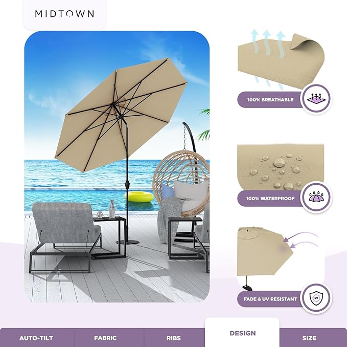 Midtown Umbrellas The Lean 10 Feet Outdoor Umbrella With Sunbrella Heather Tan Acrylic Fabric - 8 Ribs Aluminum Frame Patio Umbrella With Zinc Alloy Crank Lift And Auto-Tilt System