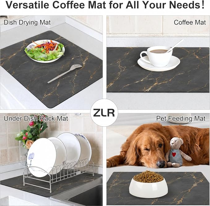 ZLR Large Coffee Bar Mat for Coffee Station, 16"x24" XL, Marble Gray | Oversized Counter Protector, Absorbent Dish Drying Mat, Fits Espresso, Grinder, Frother & Cup Display, Hides Stains