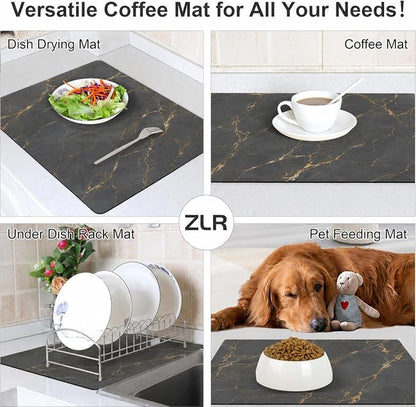ZLR Large Coffee Bar Mat for Coffee Station, 16"x24" XL, Marble Gray | Oversized Counter Protector, Absorbent Dish Drying Mat, Fits Espresso, Grinder, Frother & Cup Display, Hides Stains
