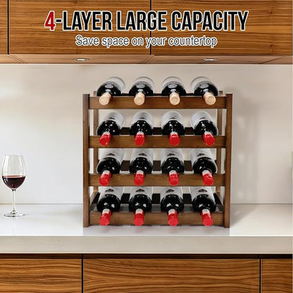 Bamboo Wine Rack, 4-Tier 16 Bottles Wine Storage Cabinet Shelf, Easy-Assembly Freestanding Bamboo Wine Racks Countertop for Kitchen Pantry Dining Room Bar, Walnut