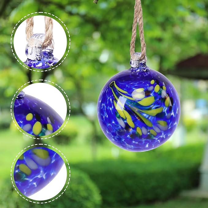 VCUTEKA Hanging Garden Gazing Ball, Hand-Blown Glass Witch Ball for Outdoor Garden Décor, 6" Blue Swirl