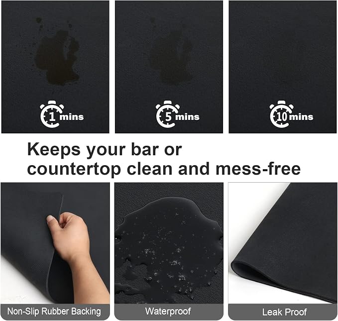 ZLR Coffee Bar Mat for Espresso Machine, 12"x20" Medium, Black | Absorbent Dish Drying Mat, Stain-Hiding PU Top, Non-Slip Back, Fits Grinder, Knock Box, Tamper & Milk Frother