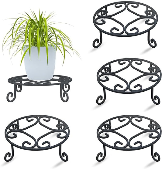 4 Pack 10” Diameter Metal Outdoor Plant Stand Indoor, Black Heavy Duty Potted Holder, Round Anti-Rust Wrought Iron Flower Planter Pot Display Stands for Home Garden