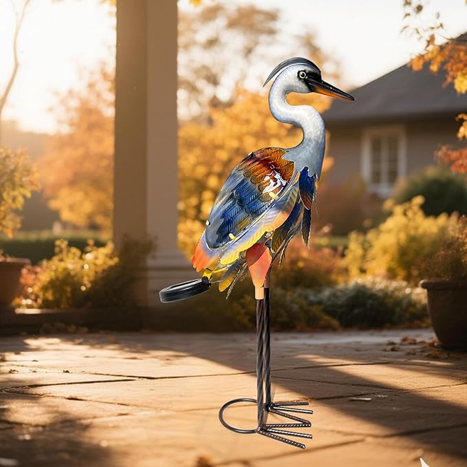 HONGLAND Solar Heron Metal Crane Statue Garden Heron Sculpture, Glass Outdoor Crane Yard Art Coastal Ocean Bird Decor 24 Inch Lawn Ornament for Backyard Porch Patio Decor（Purple）