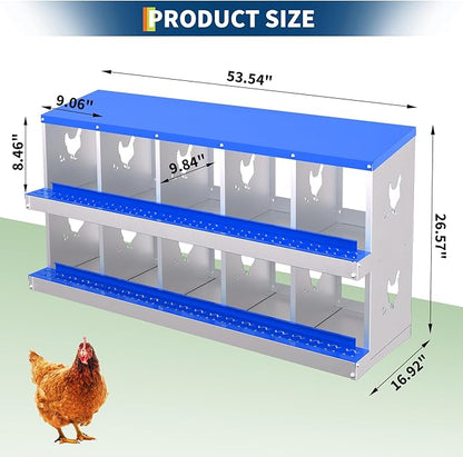 10-Compartment Chicken Nesting Box with Removable Tray - Metal Laying Boxes for Hens - Egg Rollaway Design, Wall Mount Farm Fresh Egg Collector, Hen Roosting Boxes for Chicken Coops