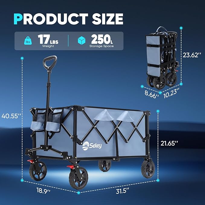 Sekey Collapsible Foldable Wagon with 330lbs Weight Capacity, Heavy Duty Folding Wagon Cart with Big All-Terrain Wheels & Drink Holders. Blue