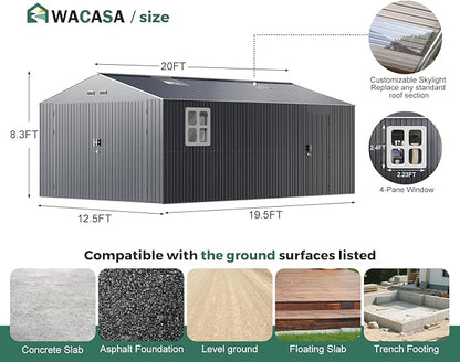 Metal Garage Shed for Car with Floor Kit, 13x20x8.5' Large Outdoor Storage Building and Workshop, Weatherproof Steel Carport with Ultra-Reinforced Truss System, Skylights & Dual-Entry