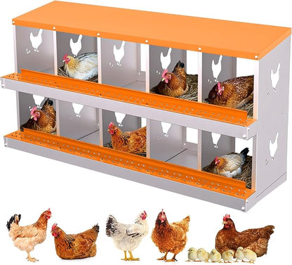 10 Compartment Metal Chicken Nesting Box, Automatic Roll-Out Egg Collection, Waterproof Galvanized Steel Laying Box, for Hens Ducks Rabbits, Orange