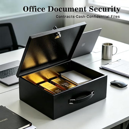 xydled Fireproof Document Box with Key Lock, Fire Safe Box, Black | Fire and water resistant lock box for documents, passports, cash and valuables, keeping secure at home, 13.2 x 11 x 5.1 Inch