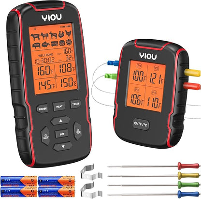Wireless Meat Thermometer for Cooking, Digital Meat Thermometer with 4 Probes, 500FT Ultra Accurate & Fast Food Thermometer for Oven, Smoker, Red