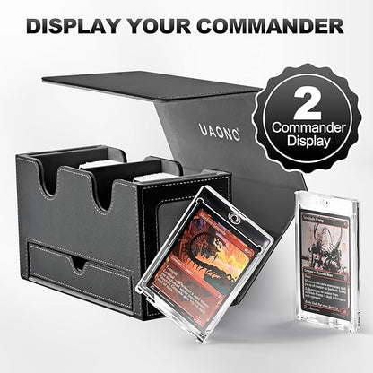 Card Deck Box for MTG, Double Storage Box with 2 Commander Display & 1 Dice Tray, Fits 200+ Double Sleeved, Organizer for CCG TCG Sports(Black Gray)