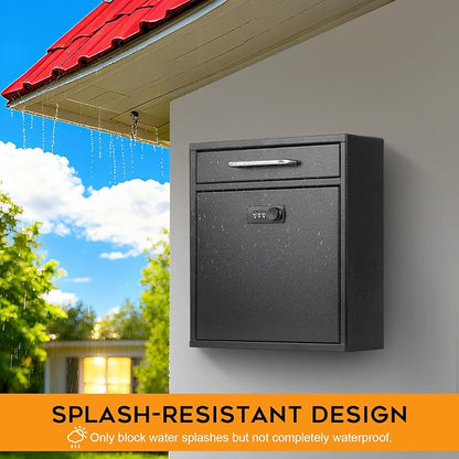 xydled Wall-Mount Mailboxes with Combination Lock, Black, Large | Steel Combination Lock Mail Boxes Outdoor, Locking Wall Mount Mailbox, Security Key Drop Box, 13.4H x 11.6L x 5.8W Inches