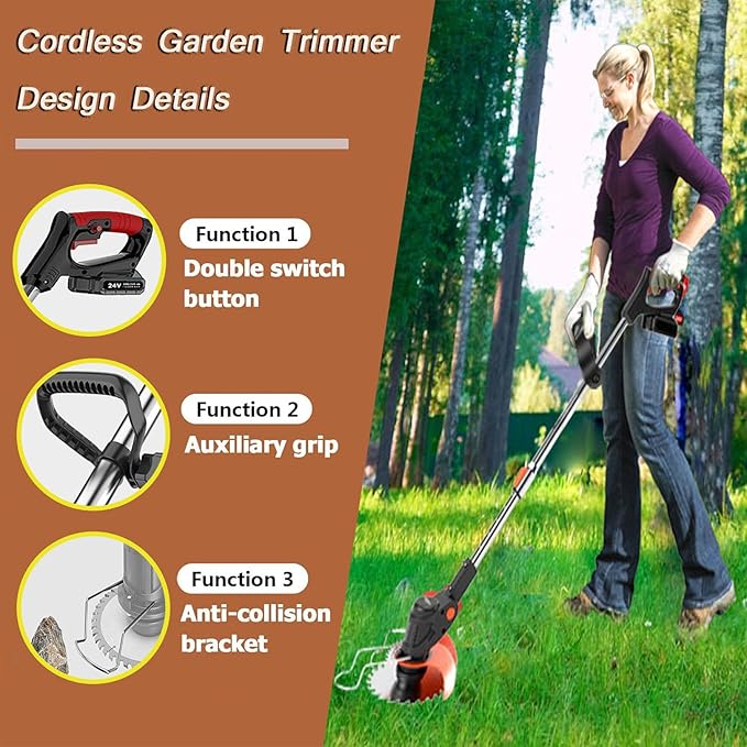 21V String Trimmer Cordless Battery Powered Weed Wacker, 2 X 2.0Ah Battery and a Charger, Brush Cutter Lawn Mower Edger Lawn Tool for Garden and Yard