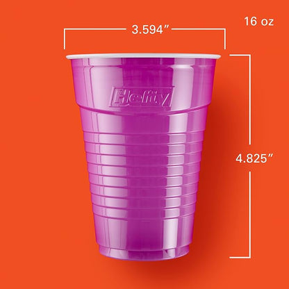 Hefty Party On Disposable Plastic Cups, Assorted, 16 Ounce, 100 Count | Bulk Pack, Disposable Plastic Cups for Parties, 4 Fun Colors, Easy-to-Grip Design, Ideal for Large Tailgates, BBQs, Birthdays