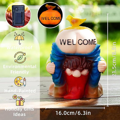 Solar Garden Statues Lights, 8.5" Cute Outdoor Gnome Figurine with Auto On/Off for Yard Patio Decor, Gifts for Women, Grandma, Mom, Housewarming (Welcome Gnome)