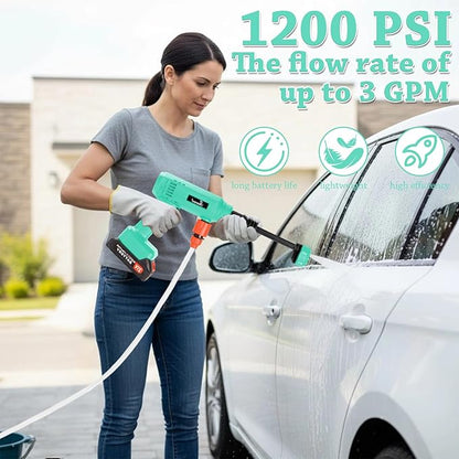 Power Washer,1200 PSI Cordless Pressure Washer with 2×21V Battery&6-in-1 Multi-Function Nozzle,Portable Pressure Washer Suitable for Cleaning Vehicles, patios, Glass, Floors, and Watering Plants