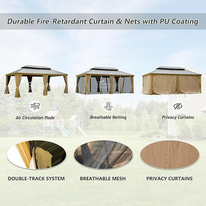 12’ x 20’ Hardtop Gazebo Outdoor Aluminum Wood Grain Gazebos with Galvanized Steel Double Canopy for Patios Deck Backyard,Curtains&Netting by domi outdoor living