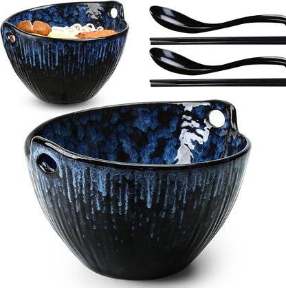 Ramen Bowl with Chopsticks and Spoons Set, 7 Inch Ceramic Noodle Bowl Set of 2, Donburi Bowl Dishwasher Safe for Pho Udon Soba Noodle Salad Pasta, Special Reactive Glazed Navy Bowls Set