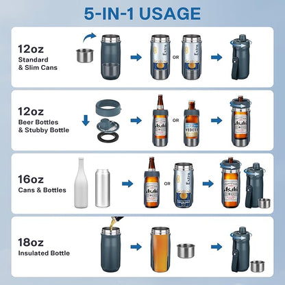 5 In 1 Beer Can Cooler Bottle Holder with Drinking Spout Lid for 12oz Regular, Slim Skinny Cans Bottles,Sealed Insulated Double Wall Vacuum Stainless Steel Can Keeps Your Drinks Cold(Blue)