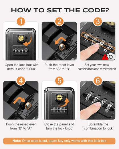 Wall-Mounted Lock Box for Keys with Code, Large Capacity 4 Digits Combination Key Lock Box with Resettable Spare Key, Weatherproof Key Safe Storage Lockbox for Home, Apartment, Office, Black