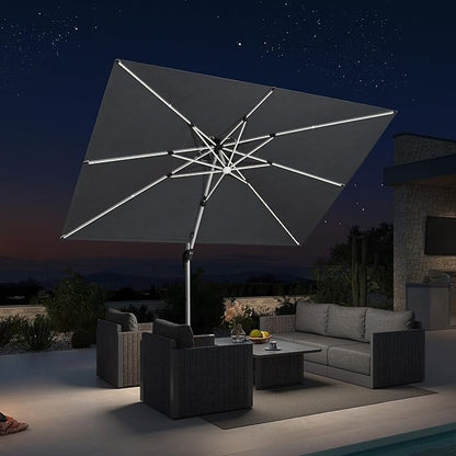 PURPLE LEAF 10' X 10' Solar Powered LED Patio Large Umbrella Offset Double Top Hanging Umbrella Outdoor Market Umbrella for Garden, Slate Gray