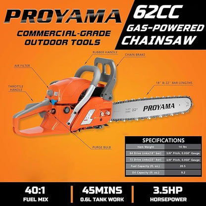 PROYAMA 62CC 2-Cycle Gas Powered Chainsaw, 22 Inch 18 Inch Handheld Cordless Petrol Chain Saw for Tree Wood Cutting