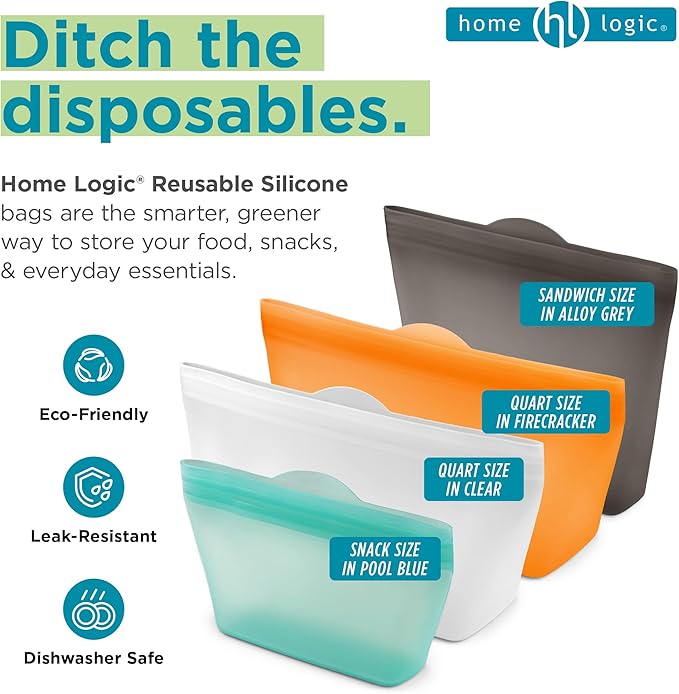 Home Logic Reusable Sandwich Bags - Set of 6 Clear Silicone Freezer Bags, Airtight Leak Resistant Reusable Zip Bags for Kitchen Home Food Prep, Microwave & Sous Vide Safe