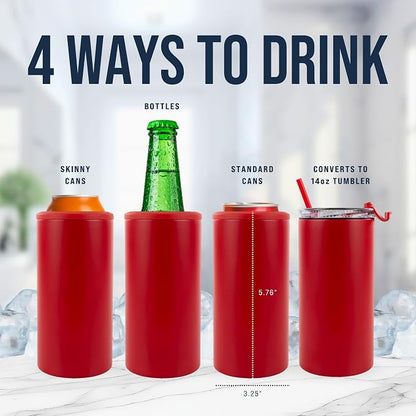 4 in 1 Universal Can Cooler - Red, Can Holder Insulated, Beer Bottle Cooler, Universal Holder for All Drink Sizes, Stainless Steel Insulated Tumbler, Tailgating Accessories