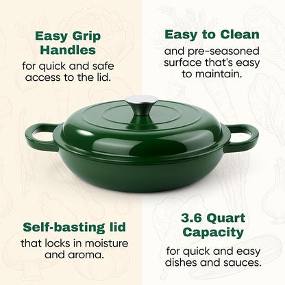 3 Quart Enameled Cast Iron Braiser, Non Stick Enameled Cast Iron Skillet with Lid, Dutch Oven Skillet with lid up to 500°F for Oven, Stove, Grill, Shallow Dutch Oven for Cook, Bake (Green)
