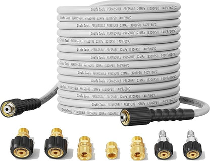 Giraffe Tools Pressure Washer Hose 100FT X 1/4", 3200 PSI Pressure Washing Hose, Kink Resistant, Heavy Duty Power Washer Hose, M22 to 3/8" Quick Connect Couplers for Replacement, 7 Accessories
