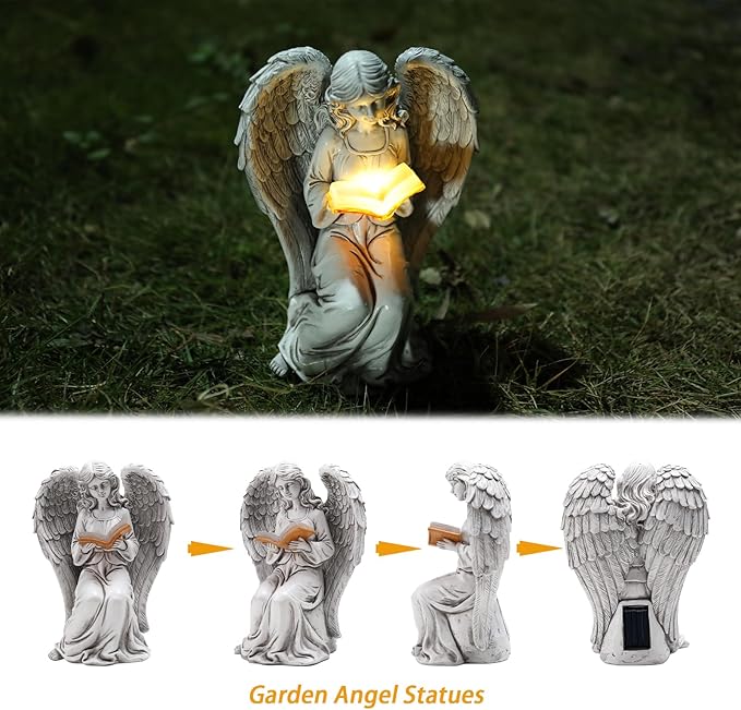Angel Statue Outdoor Decor, Elegant Angel Garden Statues Reading Book with Solar LED Lights Yard Decorations Lawn Ornaments Figurines Resin Sculpture for Outside, Angel Gardening Gifts