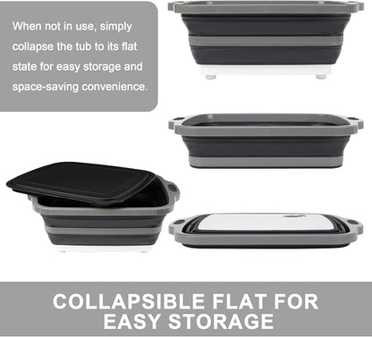 Collapsible Cutting Board with Container, Foldable Camping Sink with Colander, BBQ Prep Tub with Lid, Multifunction Dish Basin for Kitchen, Bowl, Vegetable and Fruit, 2.11 Gal/8L Storage Basket