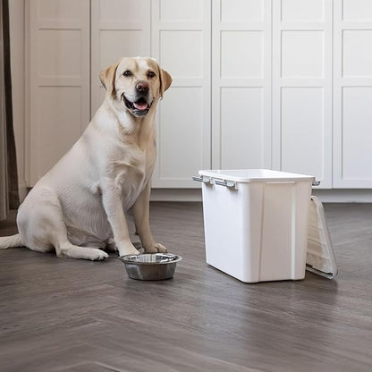 IRIS USA Stackable Dog Food Storage Container with 2 Cup Scoop, 4 Secure Latches, Fits up to 30 lbs, Pet Dry Food Bin, Gasket Seal Lid, BPA Free, Stackable, Easy Measure, White