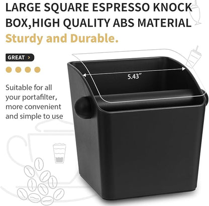 IAOSEN Large Square Knock Box Shock-absorbent Knock Box Espresso with Removable Knock Bar and Non-Slip Base Espresso Accessories for Home/Office (Large Black Knock Box)