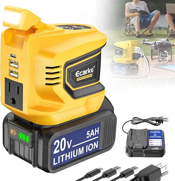 Power Inverter 200W Portable Power Station Generator Compatible with DeWALT, Ecarke Real 200W Supply Charger Adapter with Dual USB,AC Outlet and Type-C with 5Ah Battery & Charger Station Kit