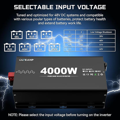 New 48V 4000 Watts Pure Sine Wave Inverter, 48V DC to 110V/120V AC Power Inverter with 4 AC Outlets, USB Port, Type-C Port for Truck, Vehicle, Power Outage, Remote Control with LCD Screen