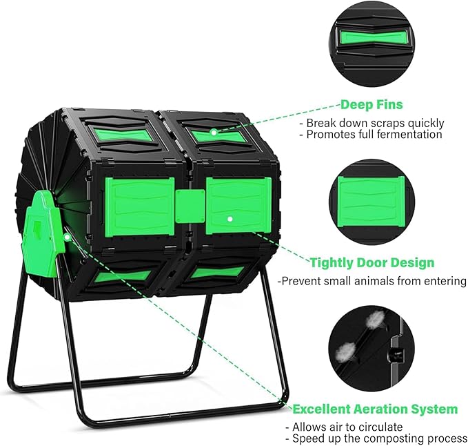 Compost Tumbler, Easy Assemble & Efficient Outdoor Compost Bin, 45 Gallon/170 Liter Large Dual Chamber Rotating Composter for Garden, Kitchen, and Yard Waste, Green Door