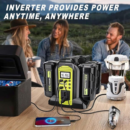 350W Power Inverter Compatible with Ryobi 40V Battery 4-Ports DC 40V to AC 110~120V Pure Sine Wave Battery Inverter with LED Light, USB-A Port,Type-C Port,DC Port for Camping Emergency Travel