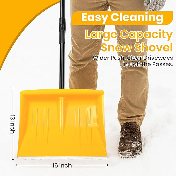 Snow Shovel for Driveway Stairs Decks Garage Snow Removal with Telescopic 52-59 inch Long Handle Lightweight Household Snow Shovel for Soft and Light Snow Removal (16 inch Wide)