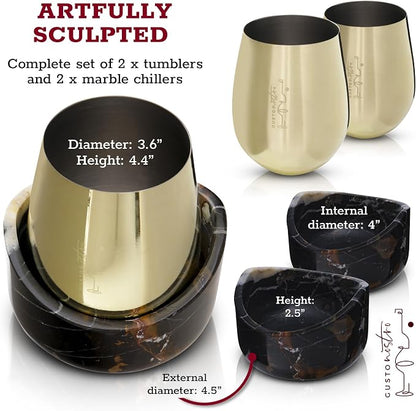 Gusto Nostro Marble Wine Chiller for Glass & Stainless Steel Tumbler Set of 2 - Wine Glass Chiller Holder for Freezer - Cool Set of Chillers & Stemless Wine Metal Tumblers for Home, Bar (Black & Gold)