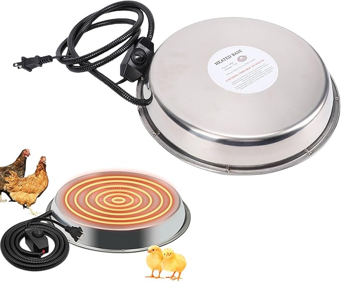 Chicken Waterer Heating Base with Thermostat Control Electric Heater for Metal Plastic Poultry Drinker Ducks Geese Turkeys Pigeons Stainless Steel 11.61in 5.25ft Cord (US Plug)