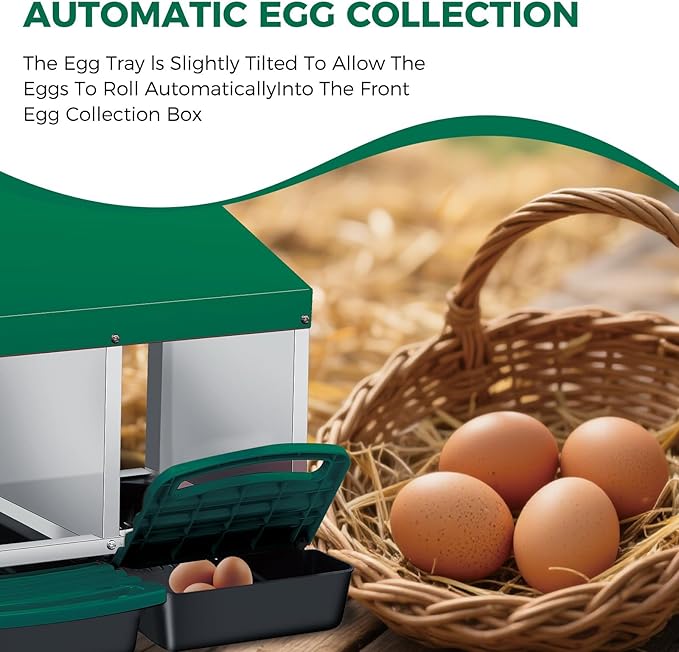 Chicken Nesting Boxes with Rollout Egg Collection – 4-Compartment Metal Hen Nest Box with Removable Trays, Slanted Roof & Ventilation, Wall Mount or Standing for Backyard Poultry Coop, Green