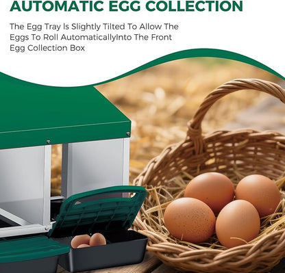 Chicken Nesting Boxes with Rollout Egg Collection – 4-Compartment Metal Hen Nest Box with Removable Trays, Slanted Roof & Ventilation, Wall Mount or Standing for Backyard Poultry Coop, Green