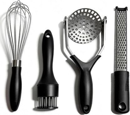 Kitchen Gadgets Set Stainless Steel Cooking Tools Essentials, Black, 4Pcs | Includes Whisk, Meat Tenderizer, Potato Masher Smasher, Grater Zester, Soft Ergonomic Handle, Dishwasher Safe, Space Saving