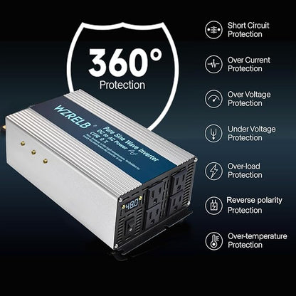 WZRELB 2000W Pure Sine Wave Inverter 48V DC to 110V 120V AC, Car Power Inverter with 4 AC Outlets, LED Display,Off-Grid Portable Power Converter for Home, RV, Truck, Camping