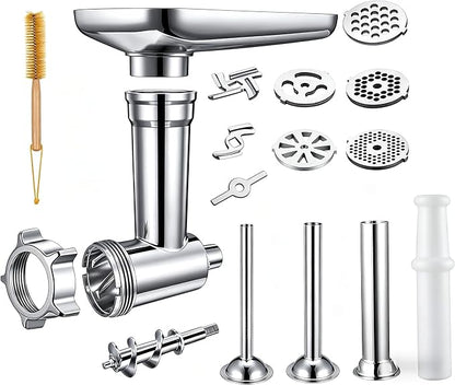 100% Stainless Steel Meat Grinder for KitchenAid Mixer, Dishwasher Safe | Includes 3 Sausage Stuffer Tubes & 4 Grinding Plates, Anti-Corrosion Polished Design（Not include the KitchenAid Mixer）