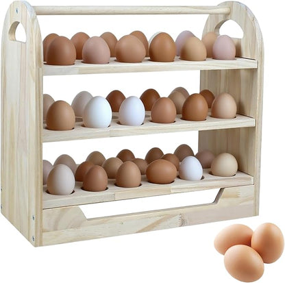 Wooden Egg Holder Countertop with Handle 3-tire Wooden Egg Tray Holds 54 Eggs Detachable Egg Storage Rack for Kitchen Farmhouse Decor