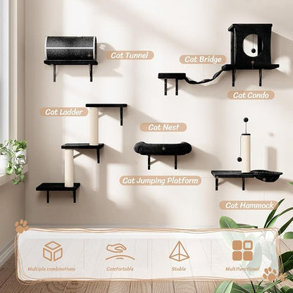 NUNU LAB 7-in-1 Cat Wall Shelves, Wall Mounted Cat Climber Set, Cat Furniture with House, Tunnel, Bridge, Steps, Scratcher, Hammock, Shelves for Indoor, Black